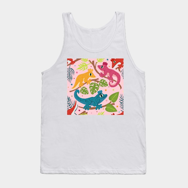 Colourful Crested Geckos with Jungle Leaves and Stars on pale pink Tank Top by NattyDesigns